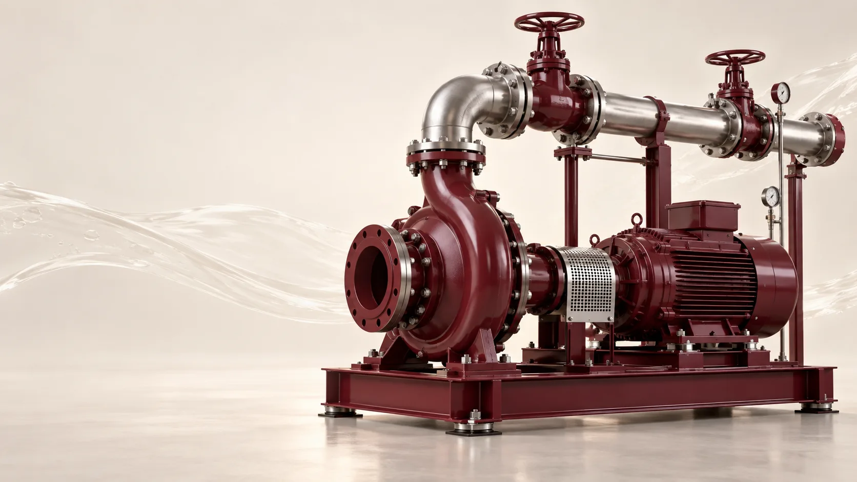 Render de un conjunto de bombeo centrífugo modular color burdeos