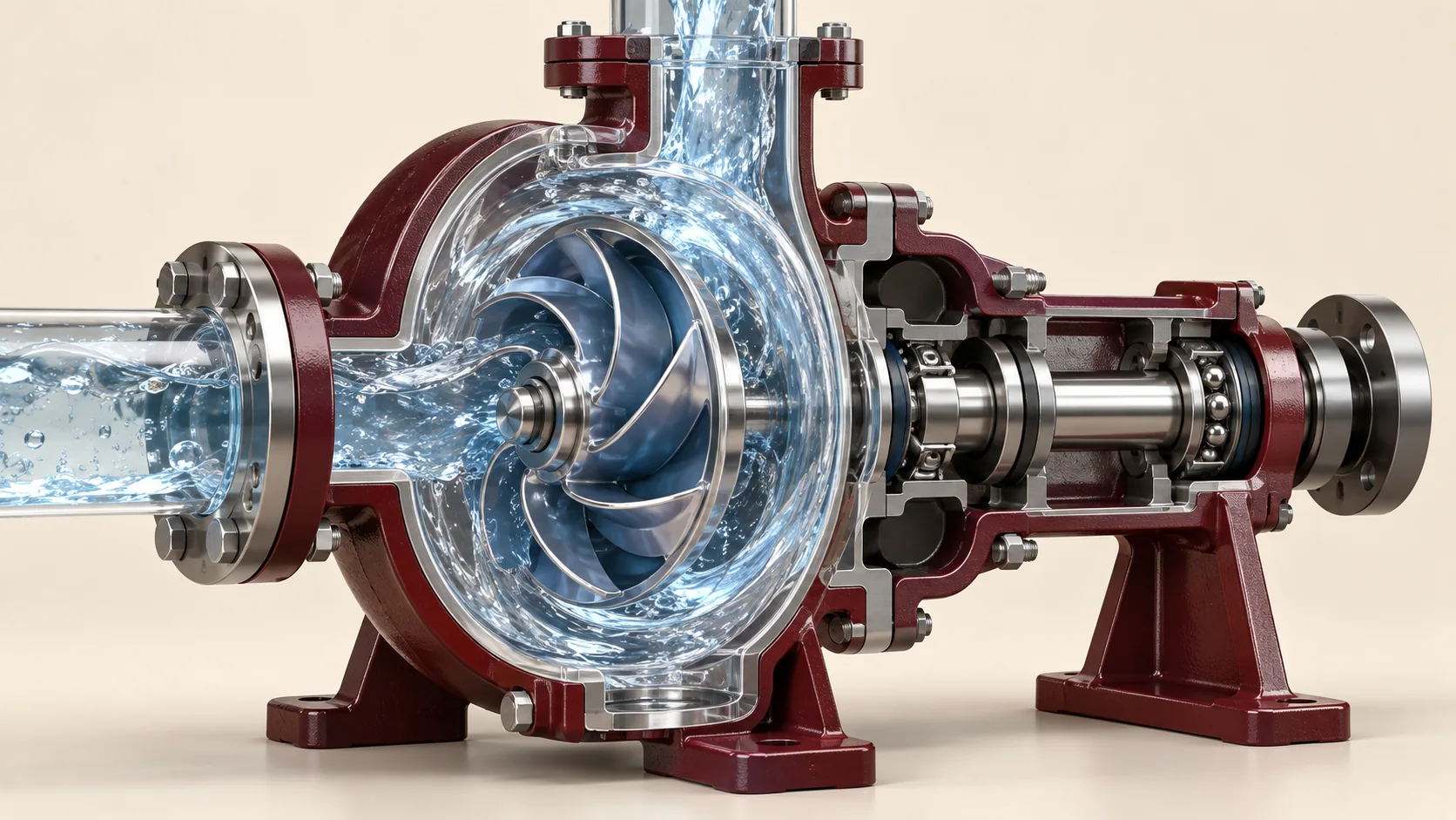 Render técnico de una cámara centrífuga transparente con impulsor y recorrido de agua