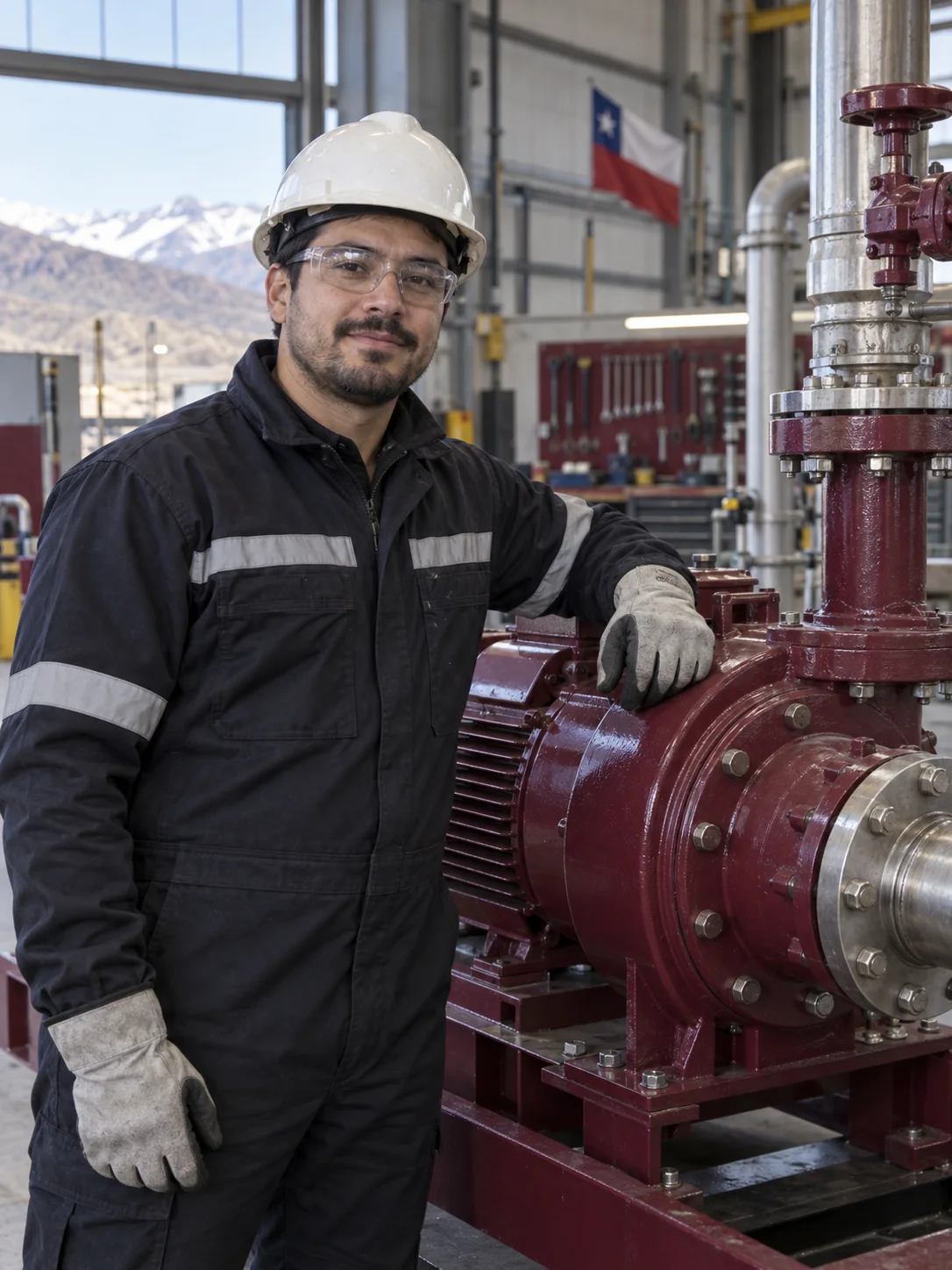 Profesional de servicio con elementos de protección junto a un sistema de bombeo
