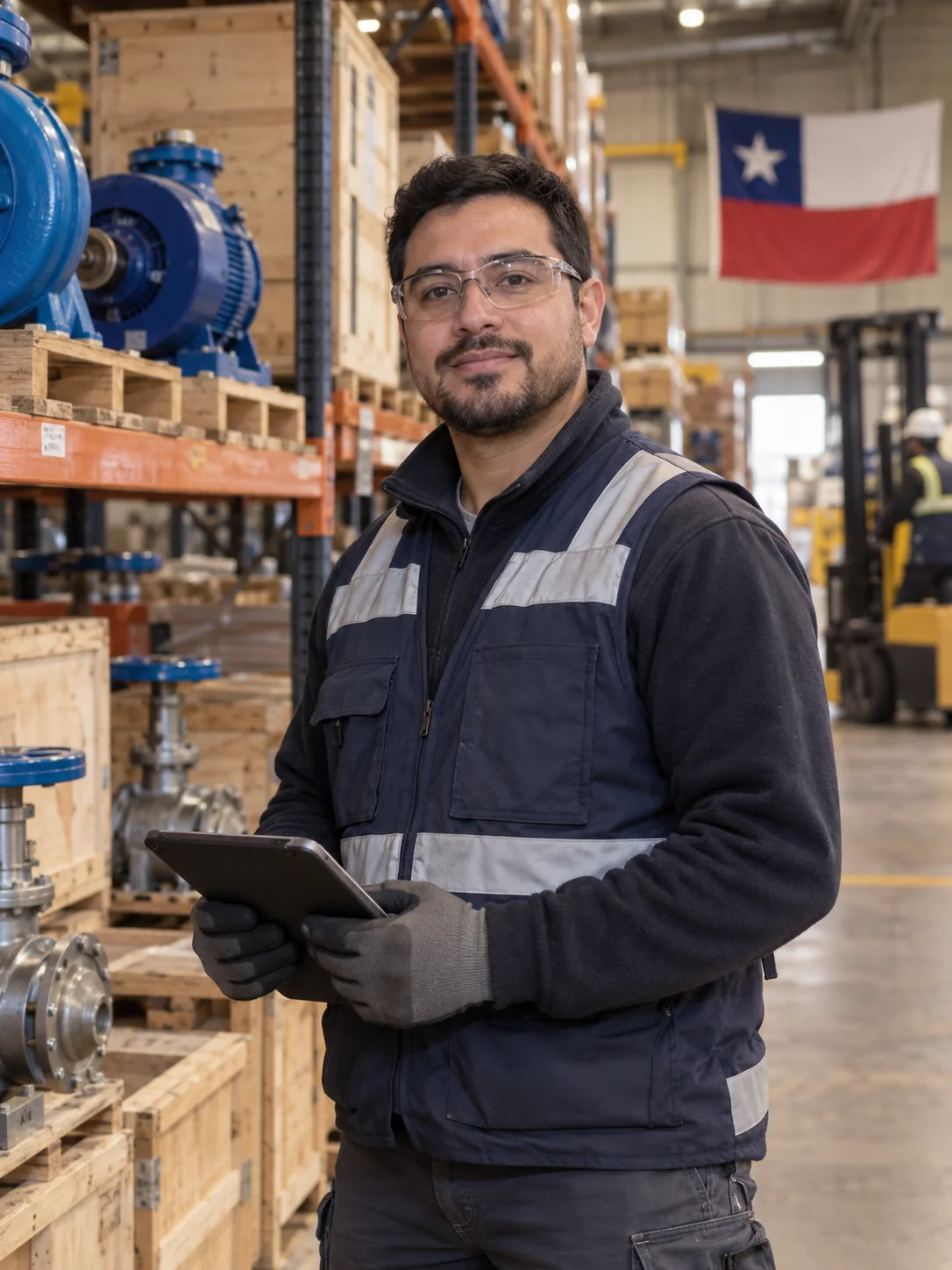 Profesional de operaciones revisando componentes en una bodega técnica